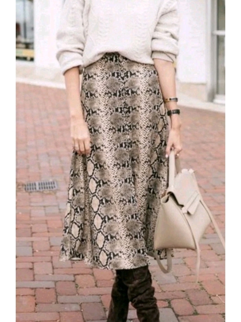 Zara High Waist Snakeskin Print Skirt Orange Brown Midi Size L Office Baddie